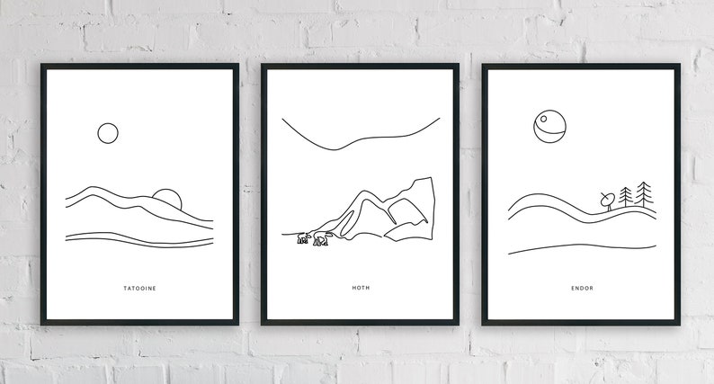 Star Wars Landscape Minimalist Line Art - Set of 3 Prints | Starwars Gift Tatooine Endor Hoth Poster | Nerd Gallery Wall Art image 1