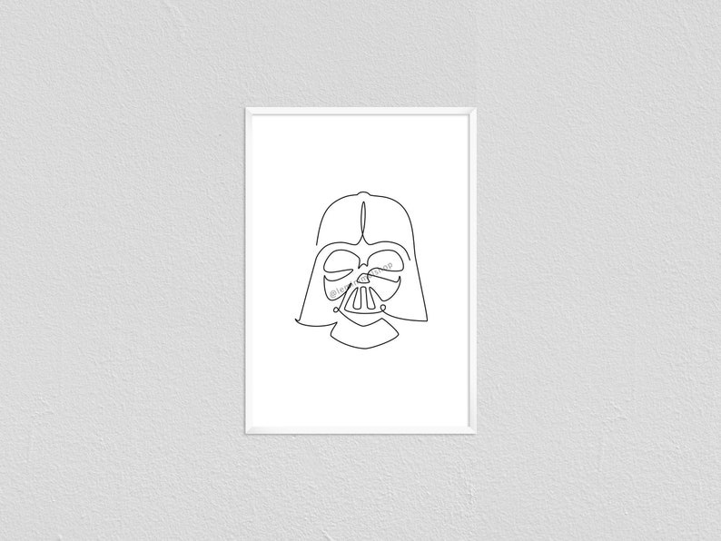 May include: A black and white line drawing of Darth Vader's helmet, a popular character from the Star Wars franchise.