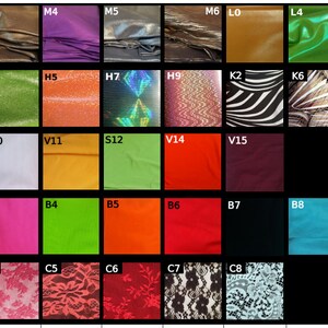 May include: A chart of fabric swatches in various colors and patterns. The swatches are labeled with letters and numbers.