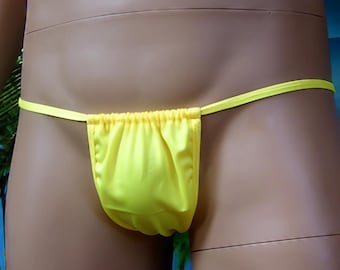 May include: A yellow string bikini bottom with a low rise and a gathered front.