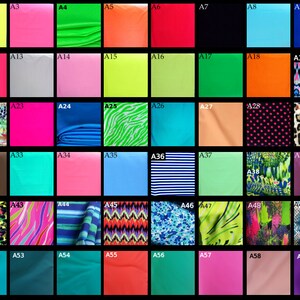 May include: A chart of 50 different fabric swatches, each labeled with a letter and number combination. The swatches are arranged in rows and columns, and they include a variety of colors, patterns, and textures.