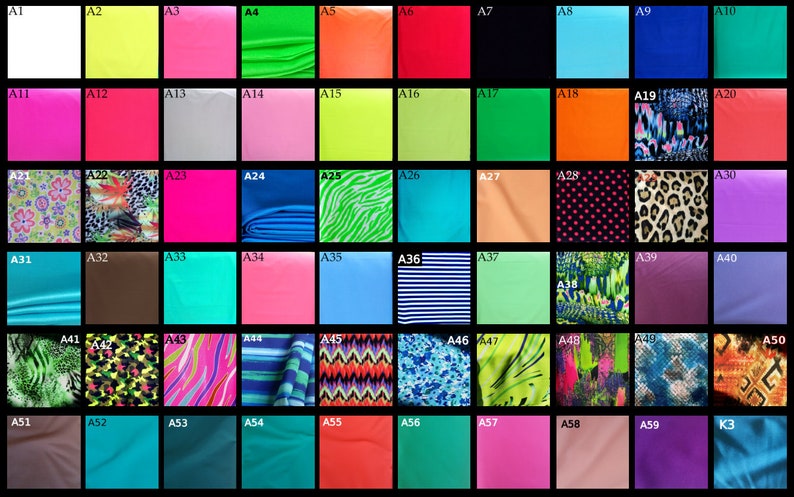 May include: A chart of 50 different fabric swatches, each labeled with a letter and number combination. The swatches are arranged in rows and columns, and they include a variety of colors, patterns, and textures.