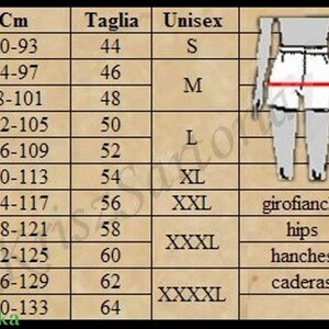 May include: Size chart for unisex clothing with measurements in centimeters and corresponding Italian sizes. The chart shows measurements for hips, waist, and thighs.