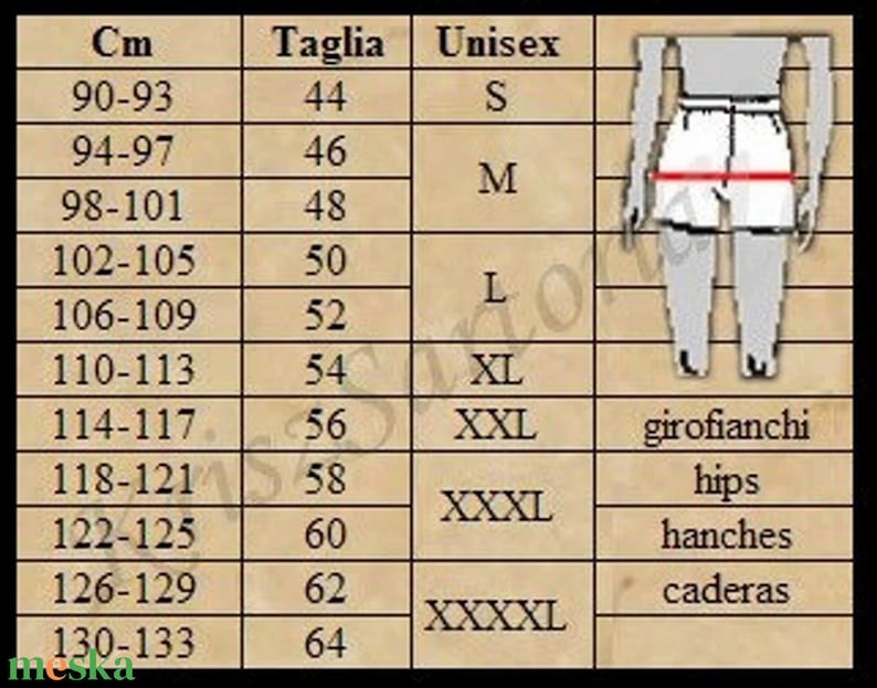 May include: Size chart for unisex clothing with measurements in centimeters and corresponding Italian sizes. The chart shows measurements for hips, waist, and thighs.