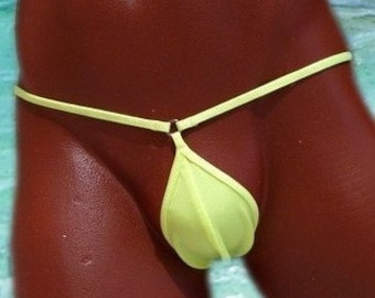 May include: A neon yellow thong with a thin strap design. The thong is made of a stretchy fabric and has a small metal ring at the center.