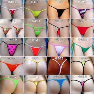 Puede incluir: Colección de tangas en varios colores y estilos. La selección incluye colores lisos como rojo, negro y verde, así como opciones estampadas con rayas y lunares. Cada tanga presenta un diseño minimalista.