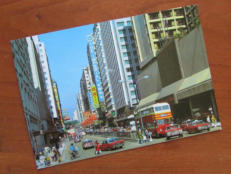 Hong Kong China Vintage Postcard 1960/'s The Imperial Hotel Tsim Sha Tsui Kowloon Color Glossy City Street Scene Double Decker Bus