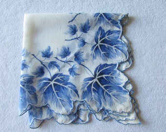 Vintage Blue Tulip and Yellow Leaf Handkerchief