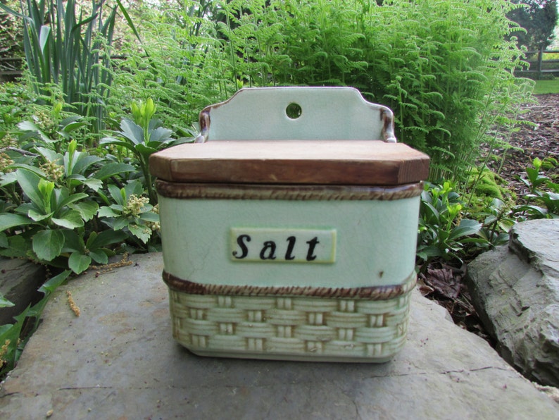 Vintage Salt Box Cellar Wood Lid Salts Ceramic Green Brown Etsy