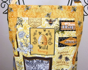 Women's apron with pocket, apron with drawstring, 100% cotton, fun apron, gift apron, yellow, gold, bees, bee hives, Beverley Ann's, 9272