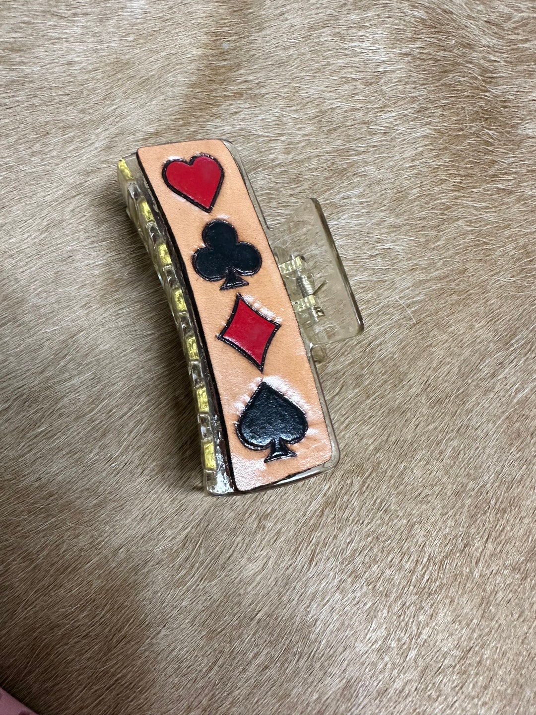 4 Large Clear Amber Playing Card Hair Clip Western Design on Leather