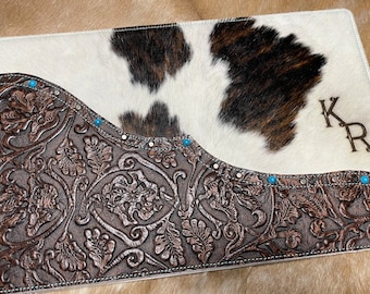 Lap Top Computer Case Hard Shell Snap On Leather and Cowhide. Punchy Western Customizable