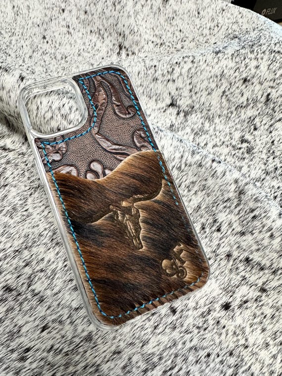 Custom Cowhide Leather Phone Case: Western, Card Slot, Finger Loop, Personalized