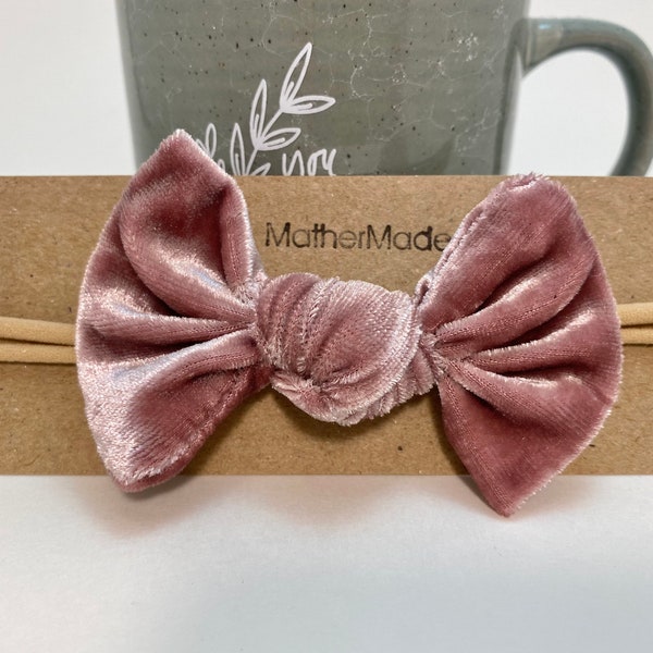 Pink Crushed Velvet Hair Bow - crushed velvet hair bow, pink baby girl bow, pink bow, nylon headband, autumn hair bow, fall family photos