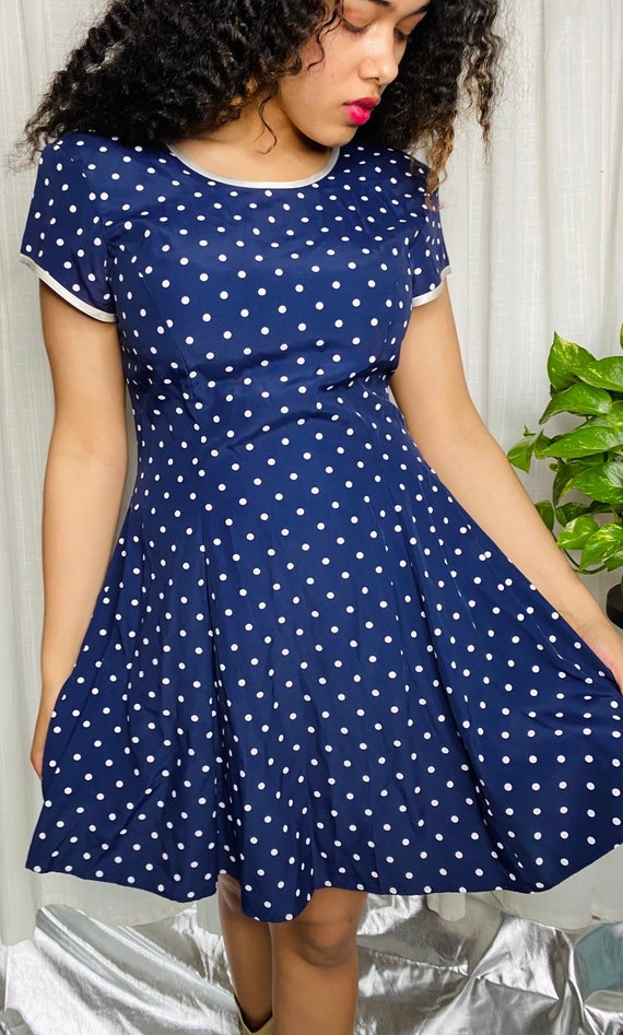 90s Navy Polka Dot Dress - image 2