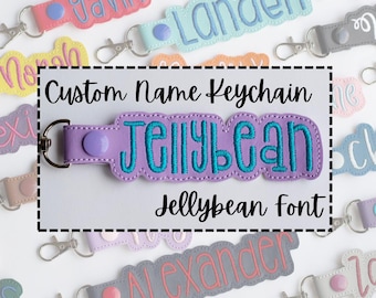 Llavero con nombre bordado personalizado / Fuente Jellybean, etiqueta para mochila