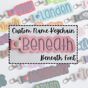 May include: Custom name keychain featuring the name "Beneath" in a pink and grey font. The keychain is made of leather and has a metal ring. It is surrounded by other keychains with various names.