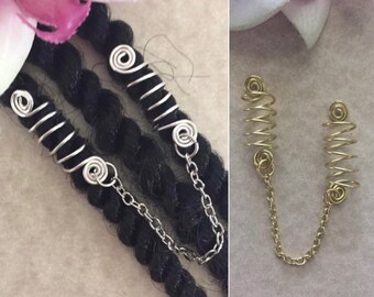 Copper Loc Cuff with hammered metal plus Charm chain Dangles and Clear Quartz Ponytail holder for locs dreads dreadlocks