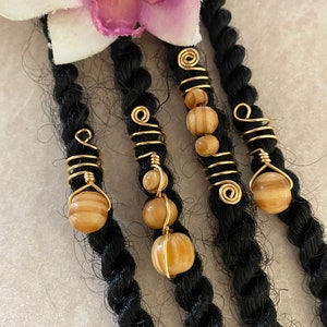 Loc Jewelry Gold w/Wood Beads Set of 4 Dreadlock Charms Dreads Braid Jewelry Dread Beads Locs Wood Braid Jewelry Wooden Hair Accessories