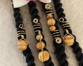 Loc Jewelry Gold w/Wood Beads Set of 4 Dreadlock Charms Dreads Braid Jewelry Dread Beads Locs Wood Braid Jewelry Wooden Hair Accessories