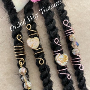 Loc Jewelry w/Shell Heart & Glass Beads Dread/Braid Charms Set of 2 Pink or Gold Wire Dreadlock Locs Sisterloc Spiral Coil Hair Accessories