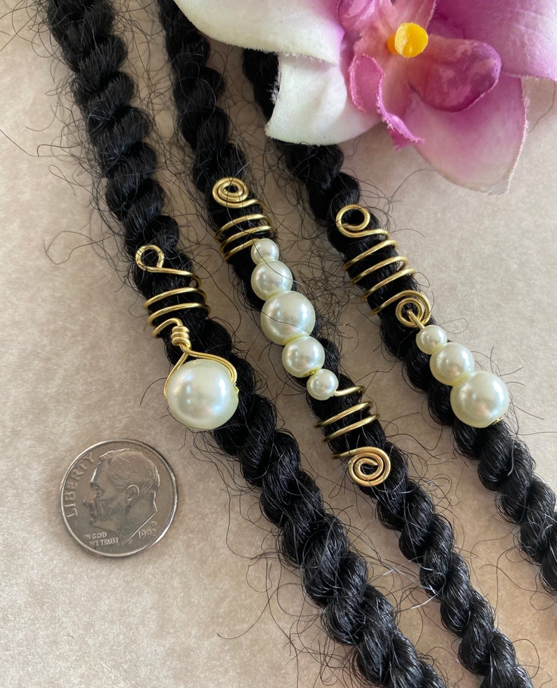 Loc Jewelry Gold Coils wIvory Pearls Set of 3 Dreadlock Cuffs Hair Jewelry Dreads Braids Dread Beads Locs Wedding Jewelry Sisterlocs