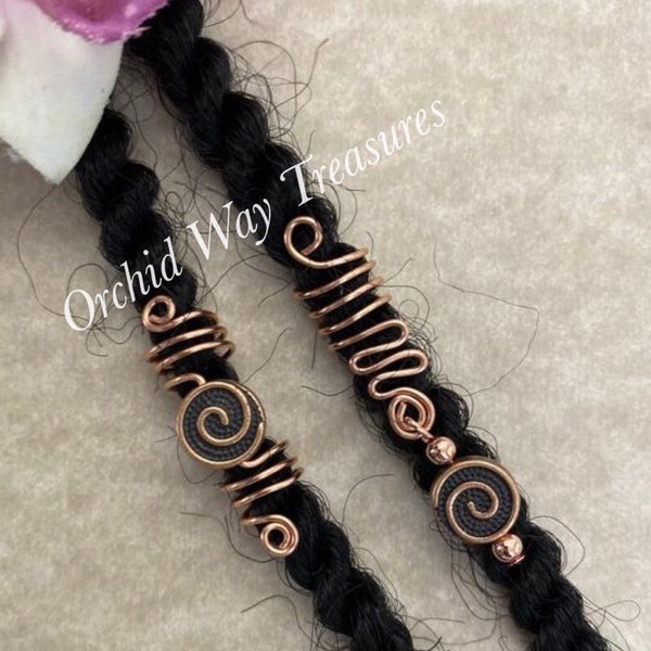 Loc Jewelry w/Copper Metal Swirls Set of 2 Dread/Braid Charms Dreadlock Dreads Locs Jewel Hair Accessories Unisex Mens Dread Coil Spiral