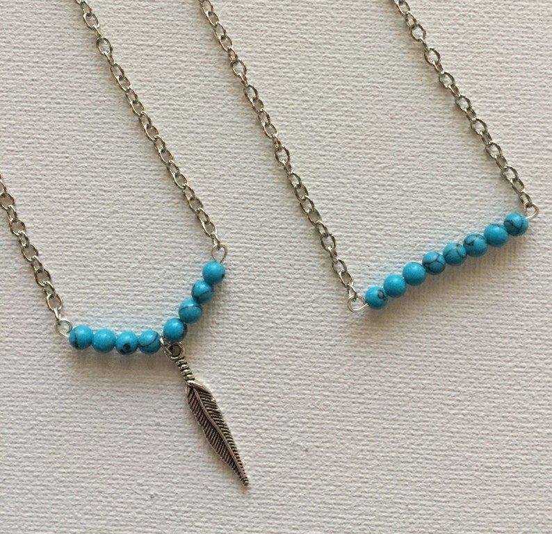 Beaded Bar Necklace Silver Feather Turquoise Bar Necklace Native American Necklace Layered Western Jewelry Southwestern Jewelry