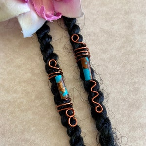 Loc Jewelry Imperial Jasper Gemstones Dread/Braid Charms Set of 2 Antique Copper Dreadlock Locs Hair Accessories Wire Spiral Coil Unisex