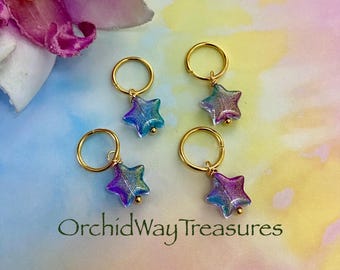 Loc Jewelry Glass Star Hair Rings Set of 4 Dread/Braid Rings Dreadlock Charms Sisterloc Gold Hair Accessories Blue Purple Glittery Stars