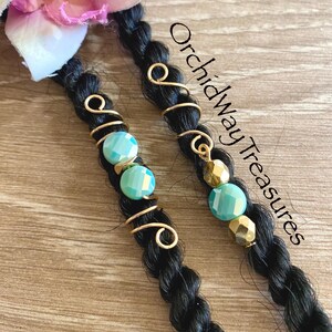 Loc Jewelry Glass Dread/Braid Charms Dreadlock Coils Gold & Light Aqua Mermaid Jewel Loc Jewels Gold Hair Accessories Braid Adornment Cuffs