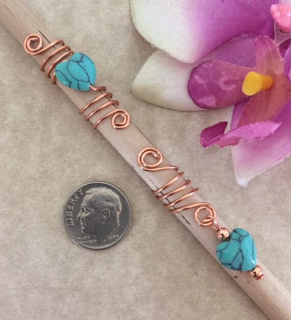 Copper W/turquoise Stone Hearts Dread/braid Charms Set of 2  display picture 3