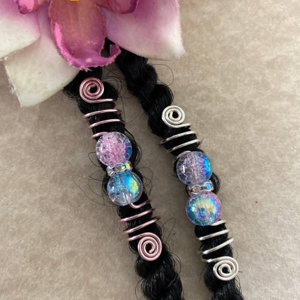 Loc Jewelry Silver or Pink Coil w/Blue & Pink Crackled Glass and Rhinestones Dread/Braid Charm Locs Dreadlock Sisterloc Hair Accessories