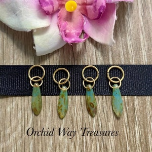 Gold Hair Rings w/Green Czech Glass Daggers Braid Rings Dread Rings Beaded Locs Rings Braid Jewelry Set of 4 Loc Jewelry Sisterloc Jewels