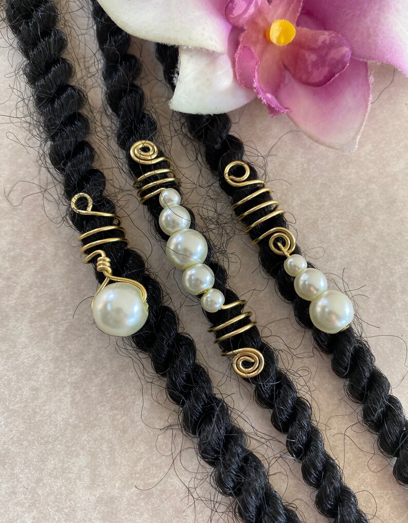 Loc Jewelry Gold Coils wIvory Pearls Set of 3 Dreadlock Cuffs Hair Jewelry Dreads Braids Dread Beads Locs Wedding Jewelry Sisterlocs