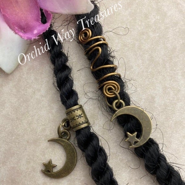 Loc Jewelry Bronze Moon & Star Coil or Cuff Dread/Braid Charm Dreadlock Locs Sisterloc Jewel Hair Accessories Unisex Crescent Moon Celestial