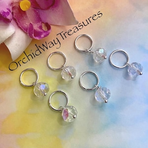 Silver Hair Rings w/Clear Glass Crystal Beads Set of 6 Dread/Braid Rings Loc Jewelry Dreadlock Sisterloc Hoops Hair Accessories