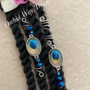 Loc Jewelry w/Peacock Feather Cabochon & Blue Glass Beads Dread/Braid Charm Hair Jewelry Locs Dreadlock Sisterloc Coil Hair Accessories