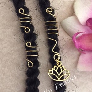 Loc Jewelry w/Gold Lotus Charm Dread/Braid Charm Yoga Namaste Dreadlock Sisterlocs Locs Coil Spiral Bronze & Silver Unisex Hair Accessories