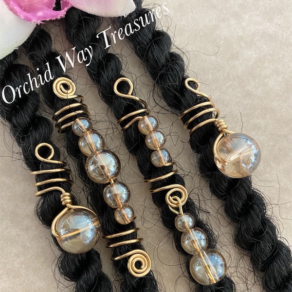 Loc Jewelry Gold Coils w/Amber Glass Set of 4 Dread/Braid Charms Dreads Braids Beads Dreadlocks Locs Sisterloc Wedding Hair Accessories