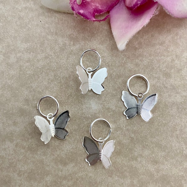 Silver Hair Rings w/3D Silver Butterfly Charms Braid Rings Braid Jewelry Dread Rings Boho Hair Charms Dred Dreadlock Loc Jewelry Butterflies