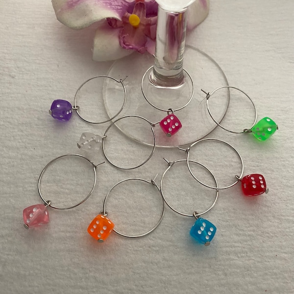 Wine Glass Charms Dice Set of 8 Wine Markers Bar Accessories  Colorful Stemware Drink Tags Hostess Gift Gambler Craps Vegas  Wine Lover Gift