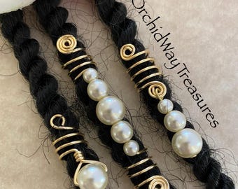 Loc Jewelry w/Ivory Glass Pearls Set of 3 Dread/Braid Charms Dreadlock Coils Choice of Wire Color Sisterlocs Wedding Hair Accessories