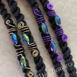 Loc Jewelry Purple or Gold Coils w/Purple AB Glass Beads Set of 2 Dread/Braid Charms Dreadlock Locs Sisterloc Cuffs Coil Hair Accessories