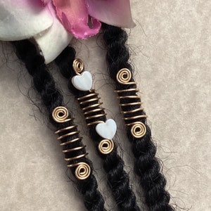 Loc Jewelry Gold w/White Shell Hearts Dread/Braid Charms Set of 3 Dreadlock Cuffs Locs Sisterlocs Heart Shell Gold Coil Hair Accessories