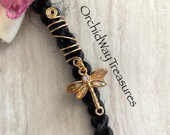 Gold Dragonfly w/Inlaid Shells Dread/Braid Charm Dreadlock Coil Loc Jewelry Sisterloc Boho Spiral Hair Accessories