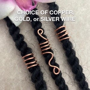 May include: Three copper wire beads for dreadlocks. The beads are in different styles, including a spiral and a curved shape. The text "CHOICE OF COPPER, GOLD, or SILVER WIRE" is visible in the image.
