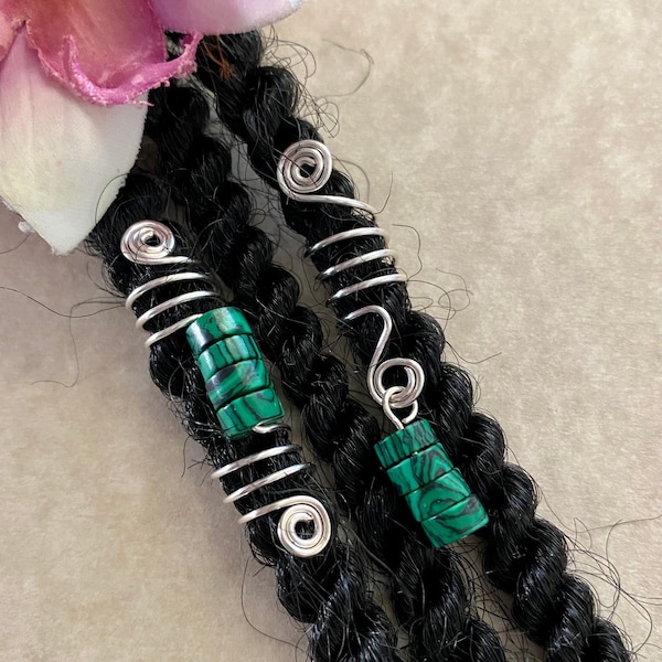 Loc Jewelry w/Malachite Heishi Gems Dread/Braid Charm Braids Locs DreadlockSisterloc Spiral Coil Green Malachite Hair Accessories Unisex