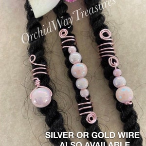 Loc Jewelry Pink Coils w/Pink Marble Glass Pearls Set of 3 Dread/Braid Charms Locs Dreadlock Sisterloc Coil Hair Accessories Prom Wedding