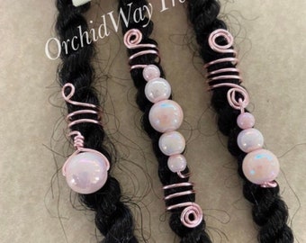 Loc Jewelry Pink Coils w/Pink Marble Glass Pearls Set of 3 Dread/Braid Charms Locs Dreadlock Sisterloc Coil Hair Accessories Prom Wedding